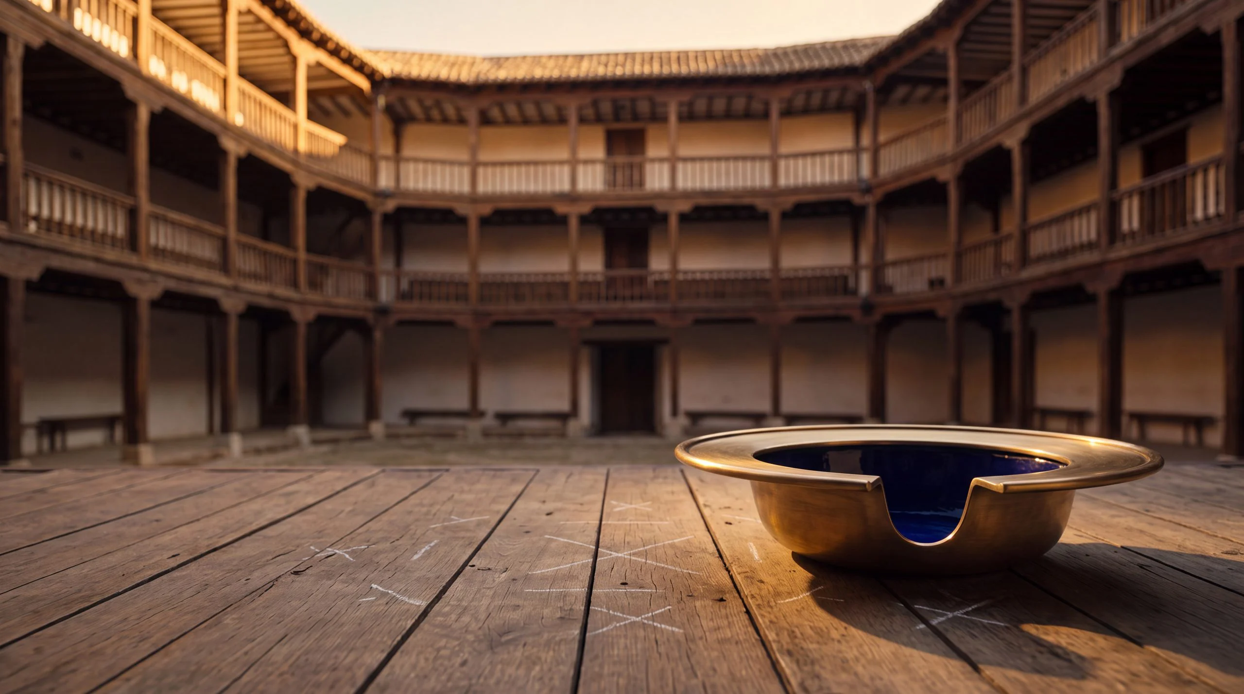 A brass bowl with a dark blue interior sits on a chalk-marked wooden stage, bathed in warm sunlight, with a multi-tiered, open-air wooden theater in the background.