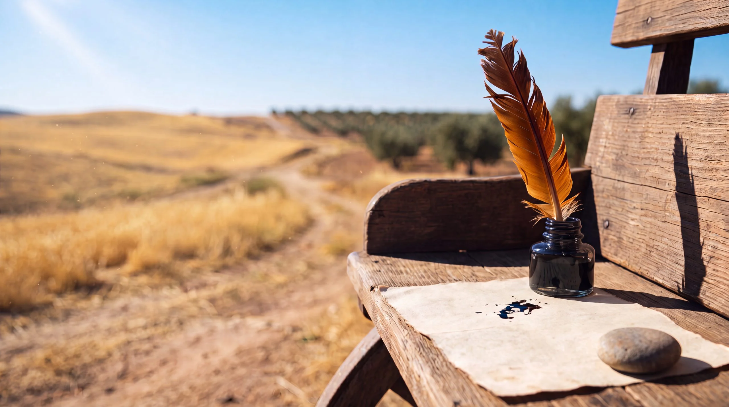 A brown quill in an inkwell with spilled black ink on parchment paper on a rustic wooden bench, overlooking golden hills and olive groves under a sunny sky.